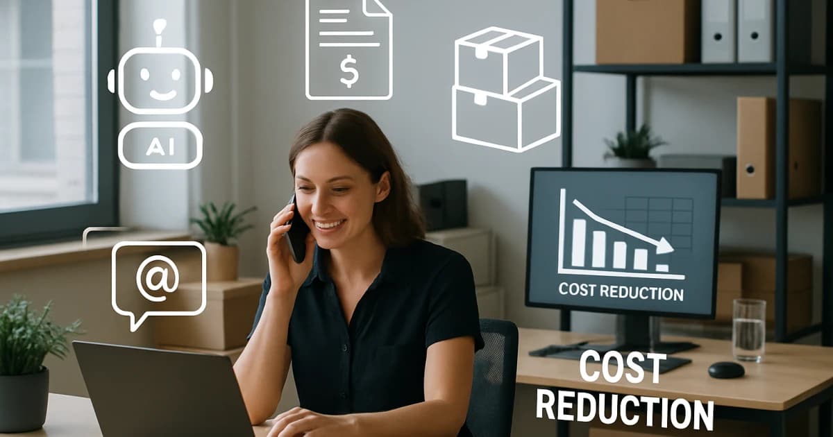 Small business owner analyzing cost reduction charts on laptop with AI automation dashboard displayed on screen