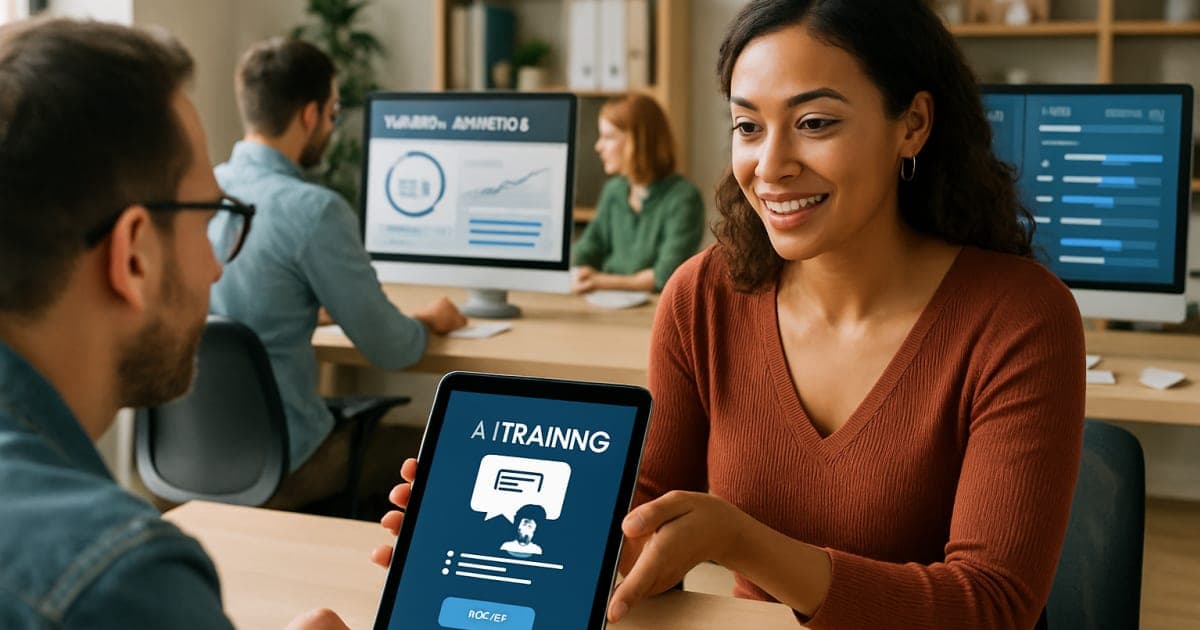 Business professionals in modern office using laptops and tablets for AI training programs and workforce development