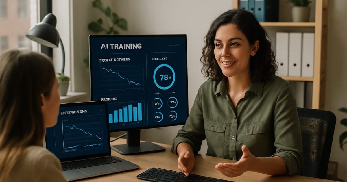 Business professionals analyzing AI training cost reduction charts on laptops in modern office setting