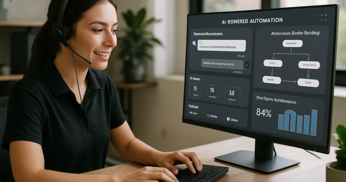Professional customer service representative using automated software dashboard to efficiently handle multiple client inquiries