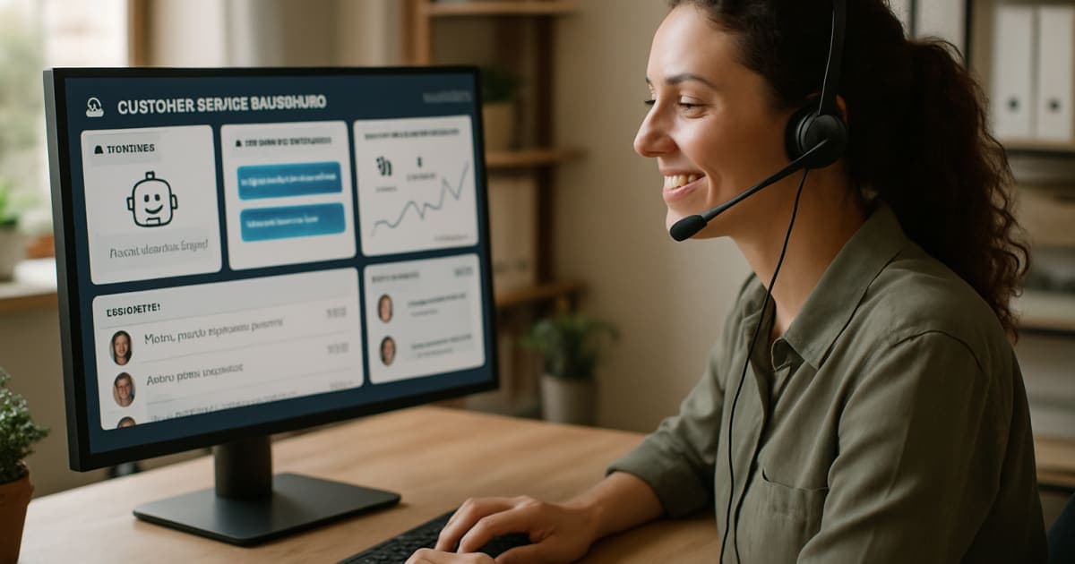 Professional customer service representative using headset while working with automated support software on computer screen