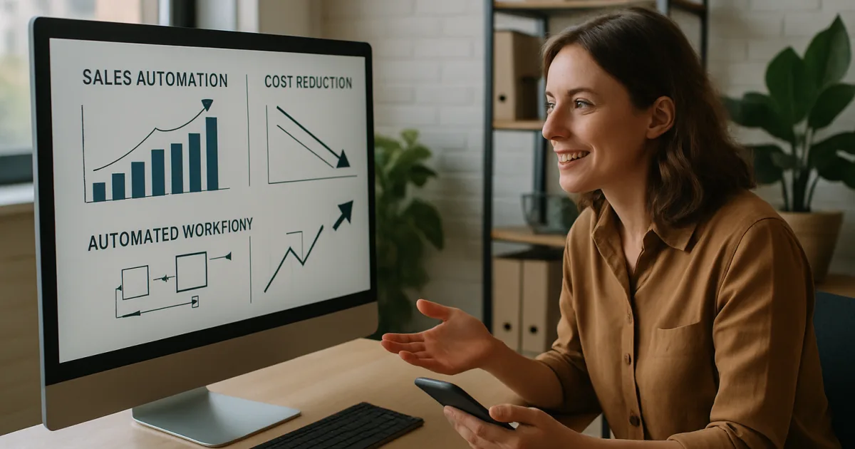 Modern office with businesspeople using laptops and digital dashboards displaying automated sales metrics and cost reduction data