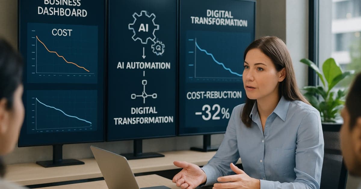 Business professionals analyzing cost reduction charts on digital screens with AI automation icons displayed