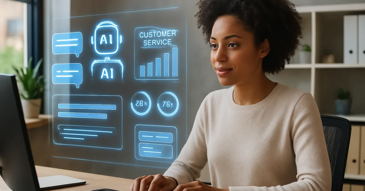 Professional customer service representative working alongside AI interface displaying chat responses and analytics on computer screen
