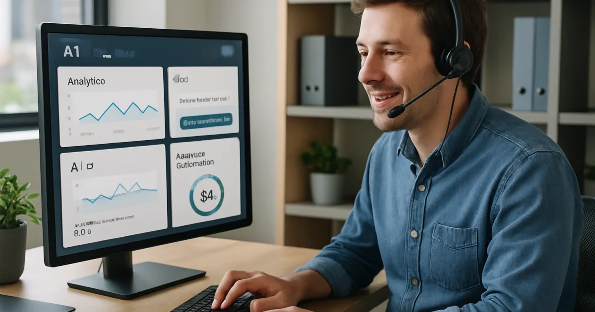 Professional customer service team using AI technology on computers with digital training interface displays