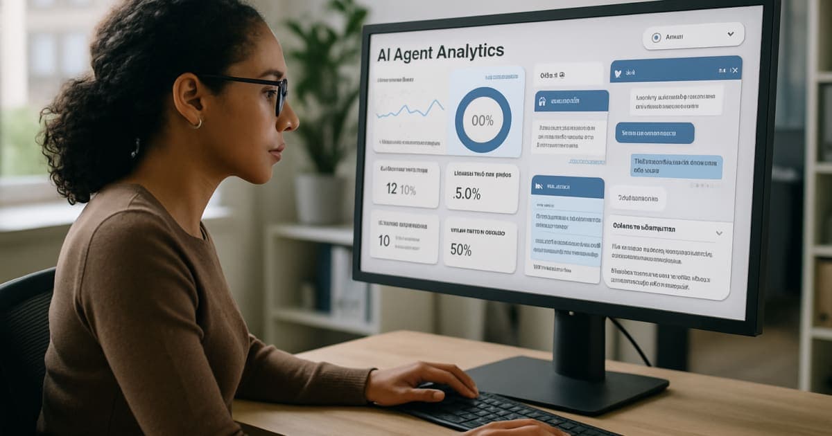 Professional customer service representative working alongside AI chatbot interface on computer screen in modern office