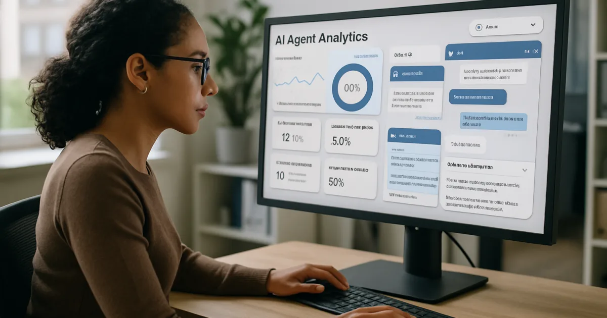 Professional customer service representative working alongside AI chatbot interface on computer screen in modern office