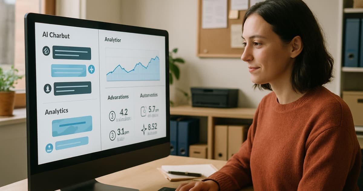 Modern office setting showing customer service representative using AI chatbot interface on computer screen with automated response bubbles