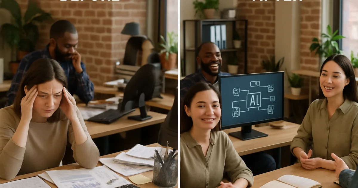 Business professional at desk using AI dashboard interface, transforming chaotic paperwork into streamlined digital workflow