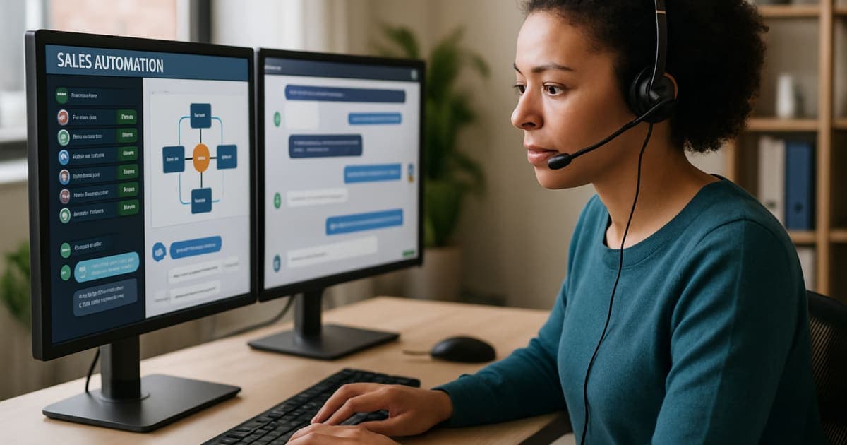 Customer service representative using automated sales software on computer screen with workflow diagrams displayed