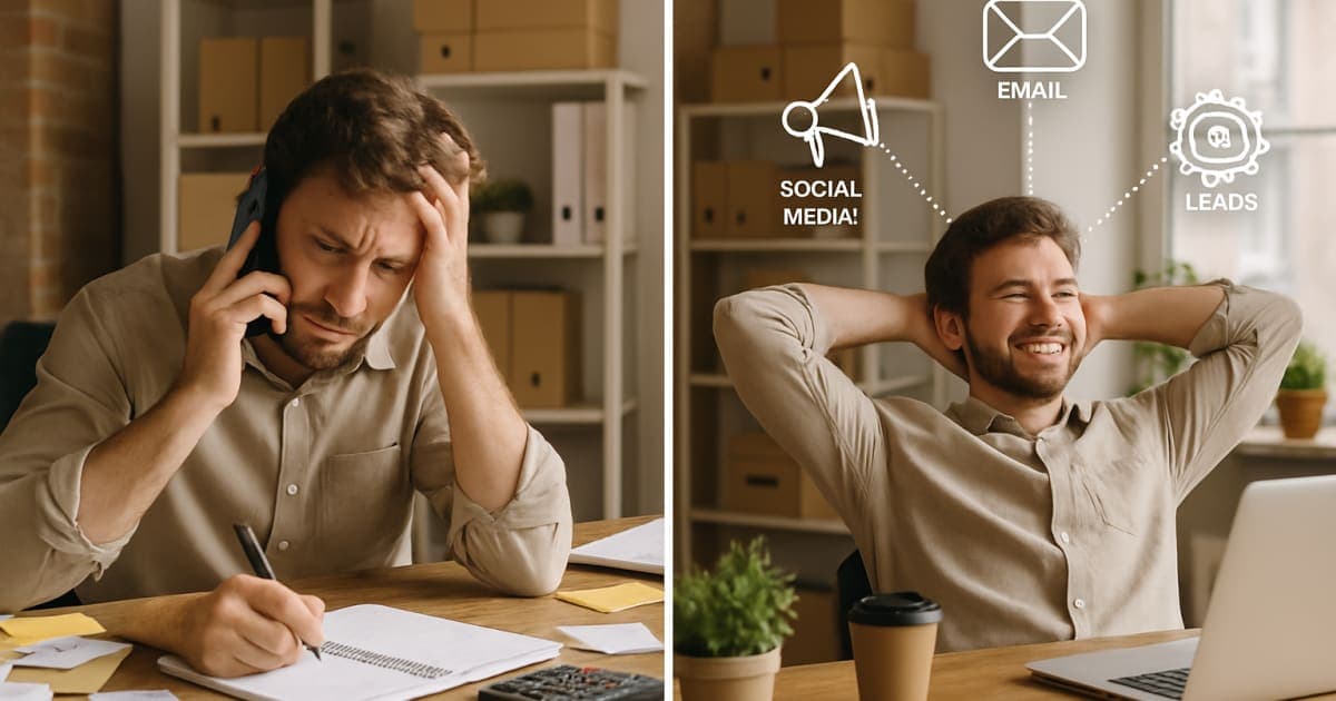 Small business owner at laptop with automated marketing dashboard showing email campaigns and growth charts