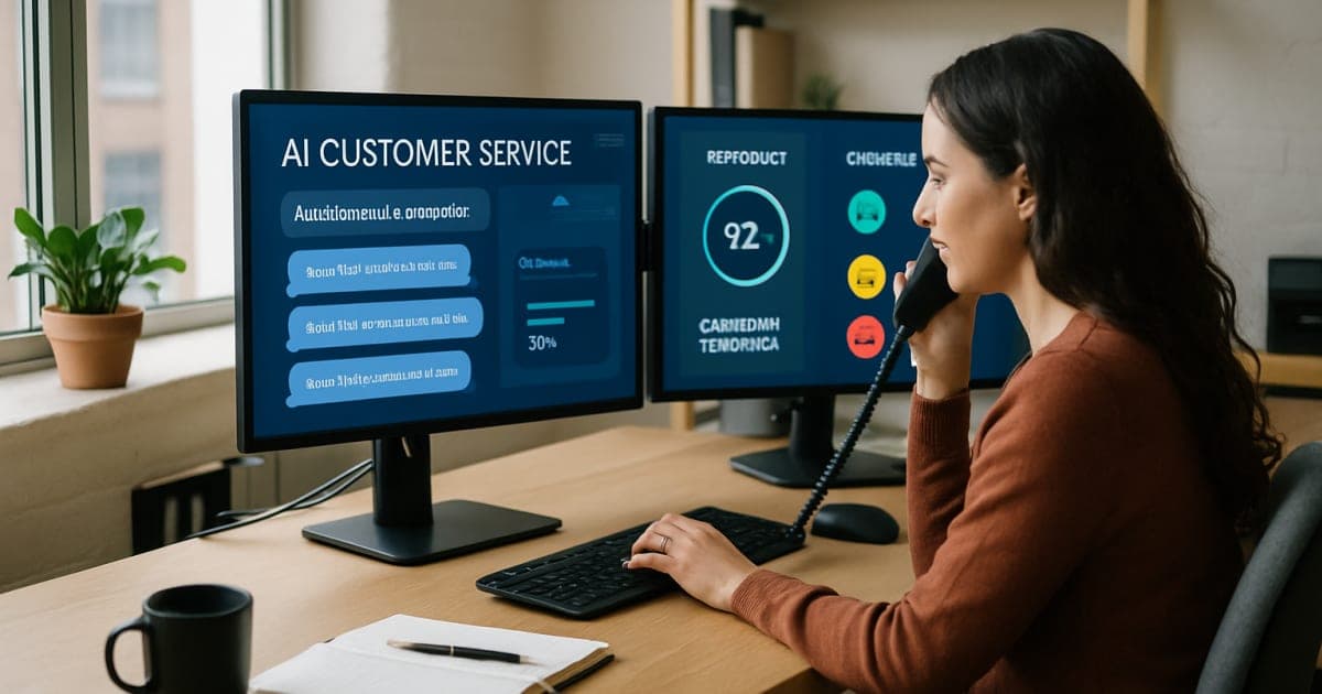 Modern office workspace with digital tablets, automated chatbot interface, and efficiency dashboards on screens