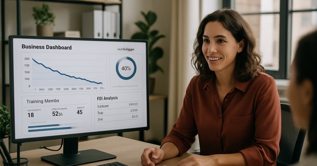Business professionals analyzing AI training ROI data on laptops with cost reduction charts displayed on screen