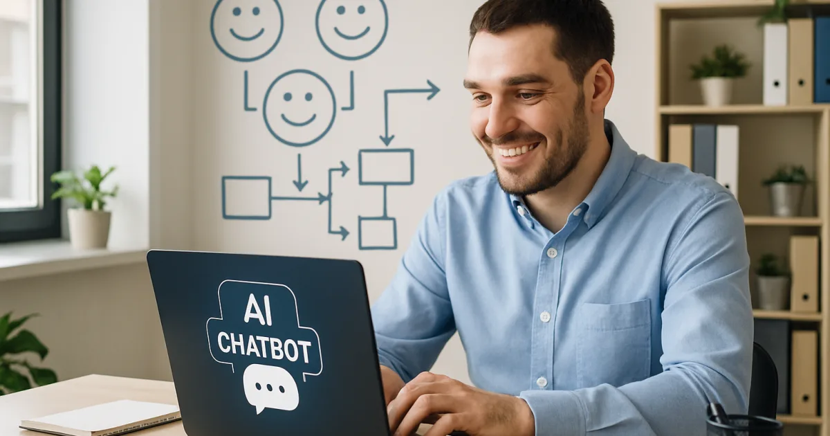 Small business owner using laptop with AI chatbot interface while customer service icons float around screen