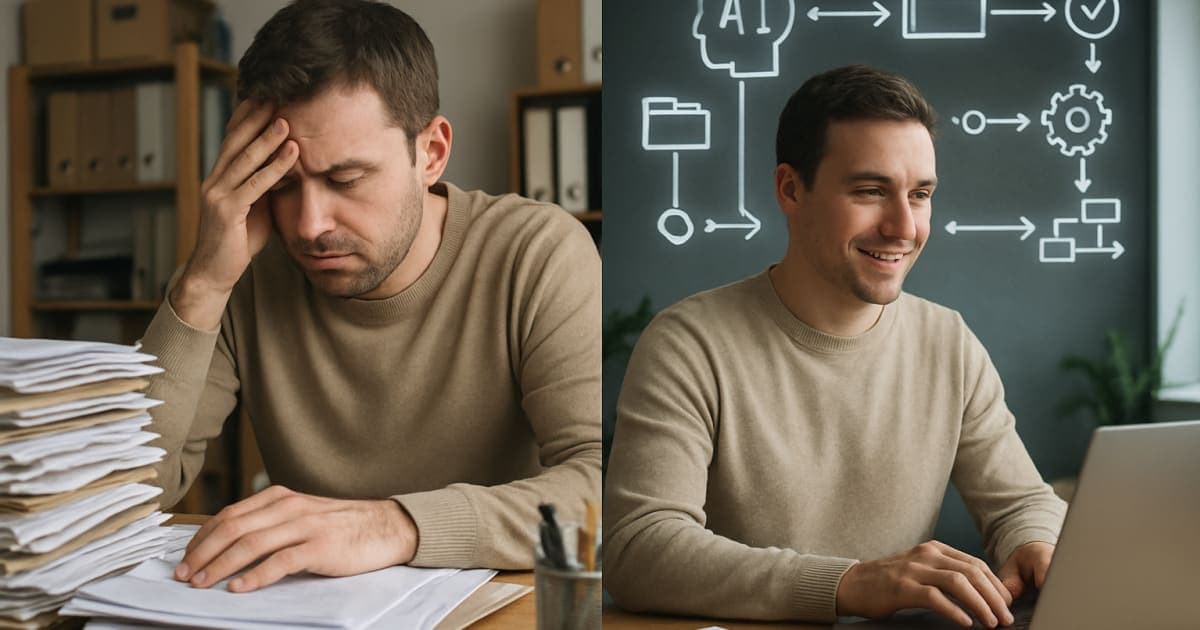 Small business owner using laptop with AI automation dashboard while organized workflow charts display on screen