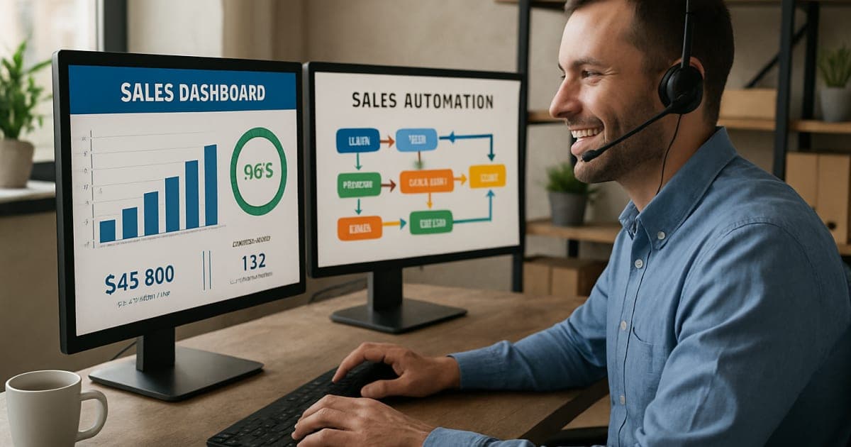 Professional businessperson analyzing sales data on laptop with automated workflow charts and graphs displayed on screen