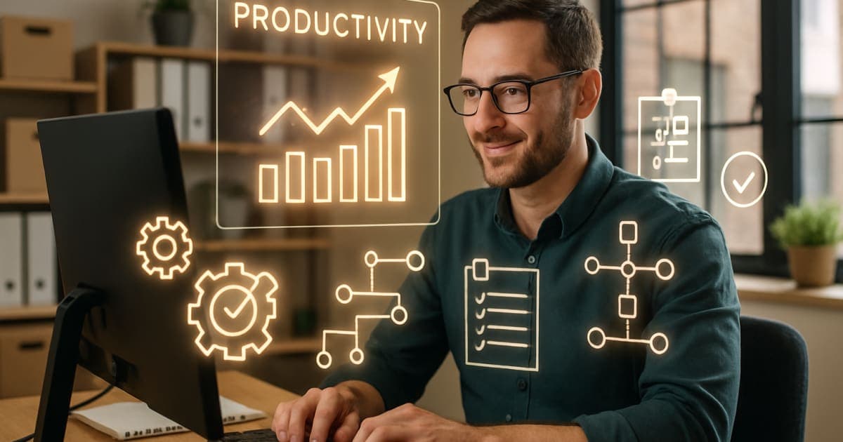 Professional businessperson using laptop with automated sales dashboard displaying revenue charts and workflow icons