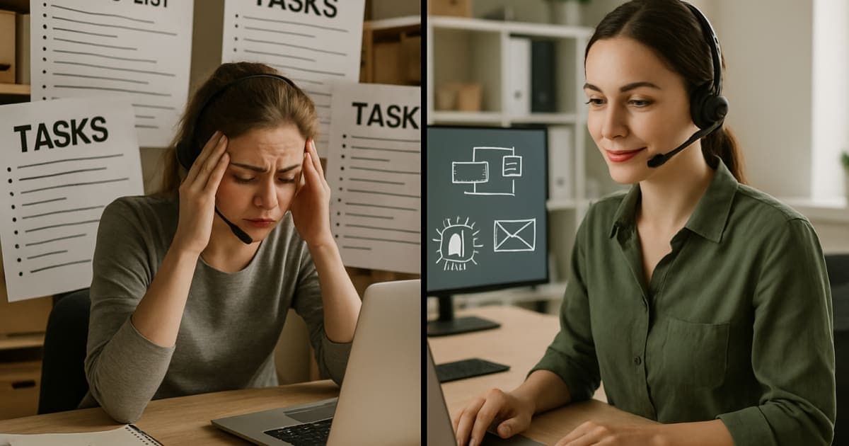 Overwhelmed customer service team at computers while robotic automation icons float above, symbolizing relief