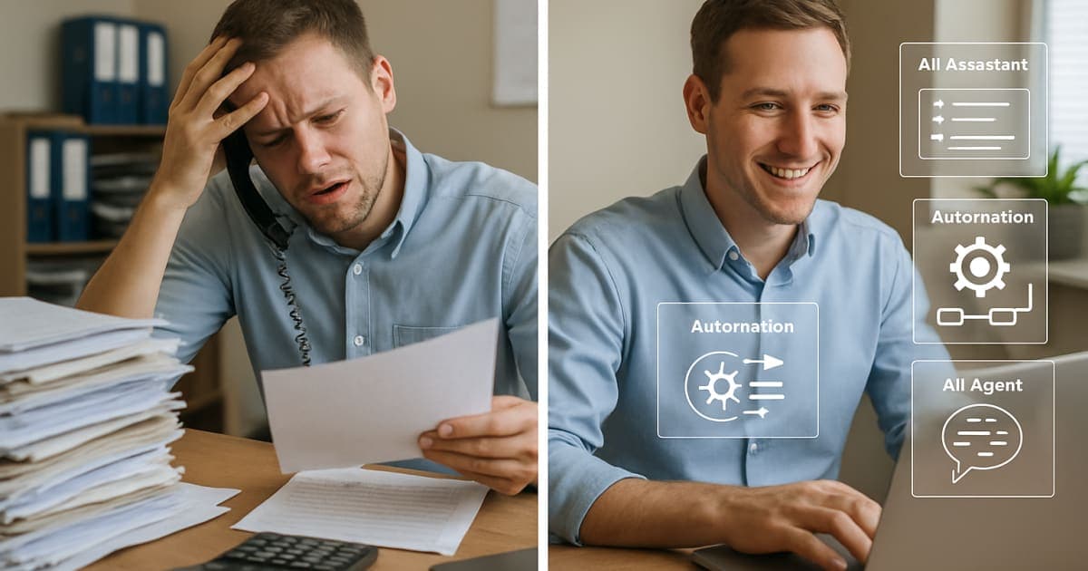 Business professionals collaborating around a laptop displaying AI dashboard interface in modern office setting