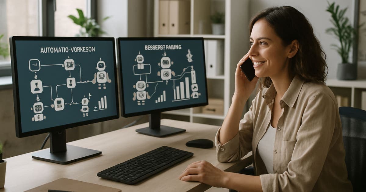 Professional businesswoman analyzing automated workflow diagrams on multiple computer screens in modern office