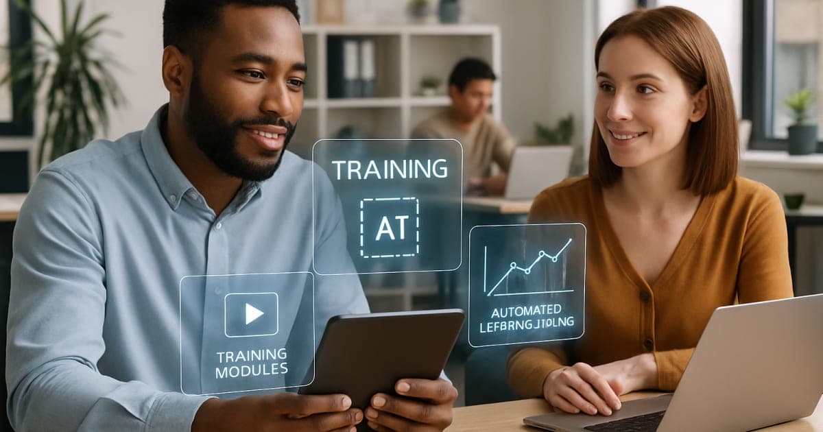 Business professionals collaborating with AI-powered digital interfaces and training dashboards on screens