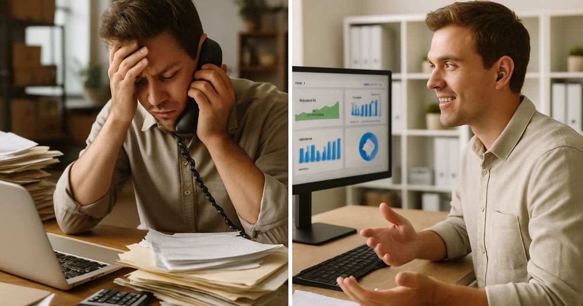 Professional salesperson using automated CRM software on laptop while charts show increased productivity metrics