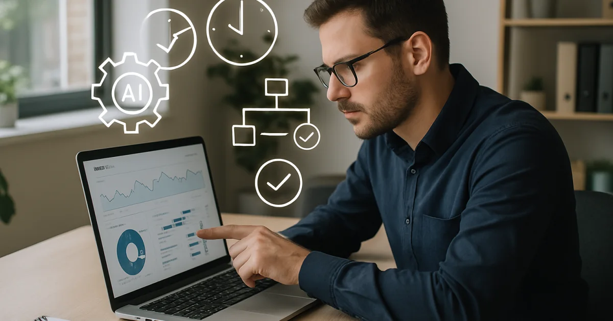 Professional businesswoman analyzing productivity charts on laptop screen showing AI automation workflows and time savings metrics