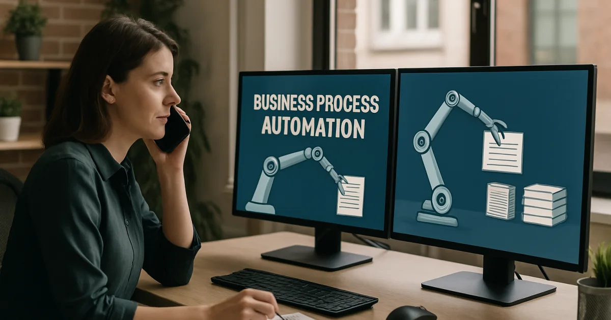 Modern office workspace showing automated workflow diagrams on computer screens with business professionals analyzing efficiency charts