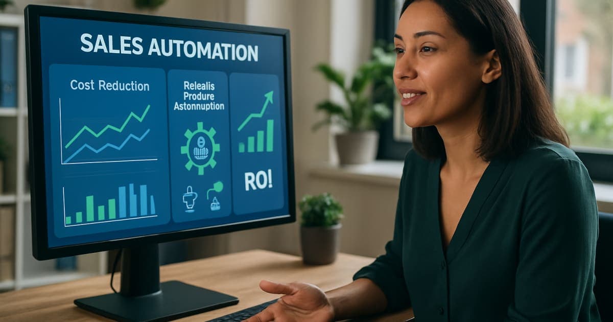 Professional businesswoman analyzing sales automation dashboard on laptop showing cost reduction metrics and efficiency graphs