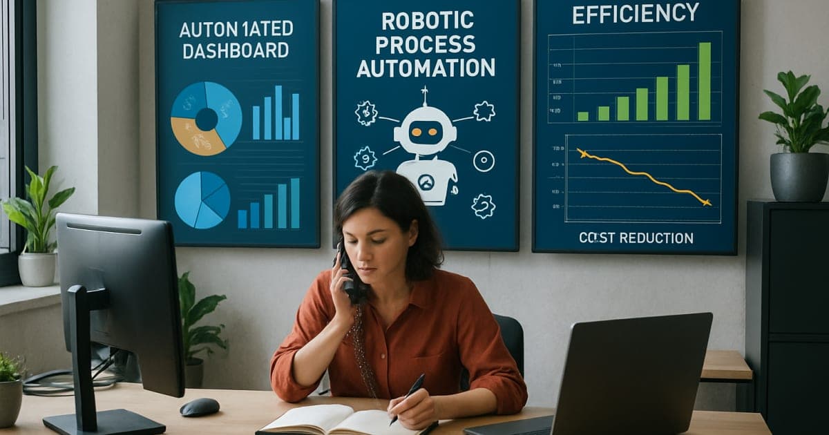 Small business owner using tablet to monitor automated systems in modern office with digital efficiency charts