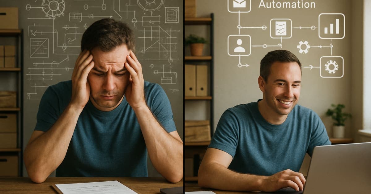 Small business owner using laptop and smartphone to manage automated sales processes at modern desk