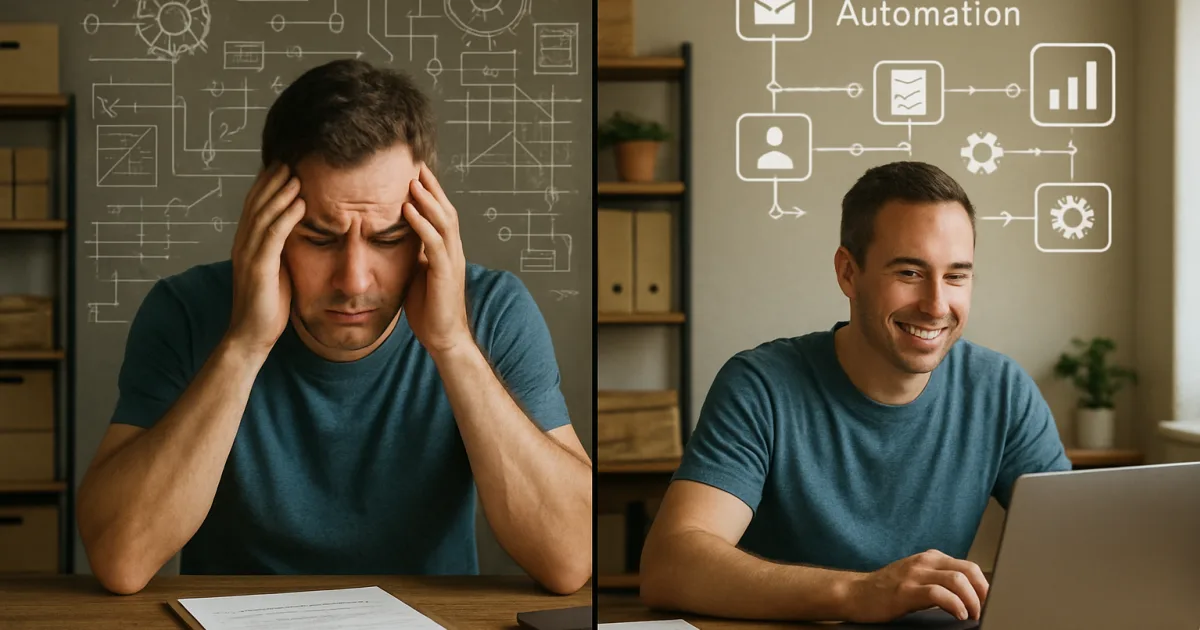 Small business owner using laptop and smartphone to manage automated sales processes at modern desk