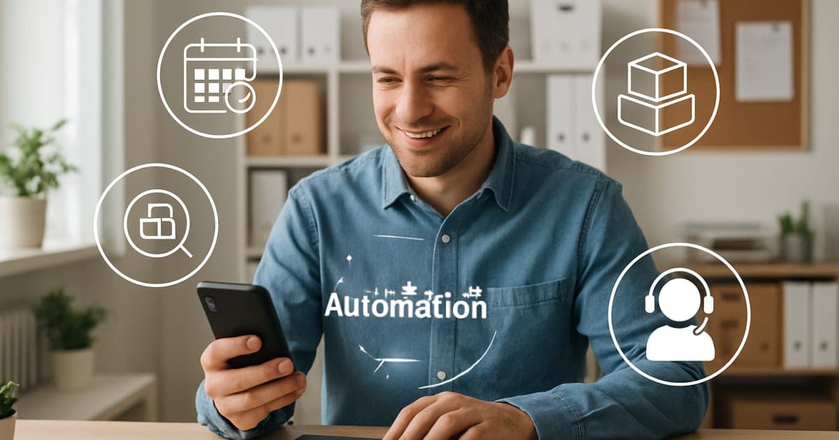 Small business owner using tablet with automation dashboard while robotic arm processes inventory in modern warehouse