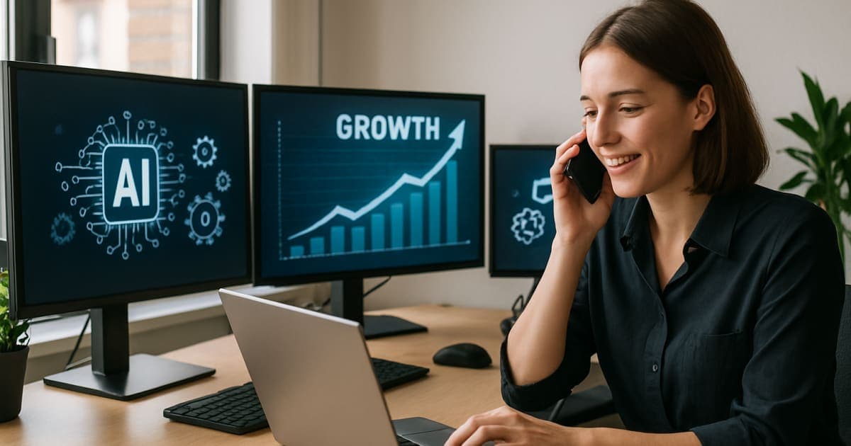 Business professional analyzing AI dashboard with automated growth metrics and scaling charts on multiple screens