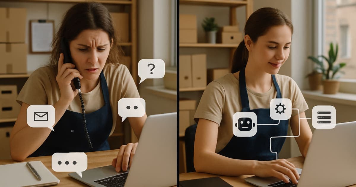 Small business owner at computer dashboard viewing automated customer service metrics and chat responses