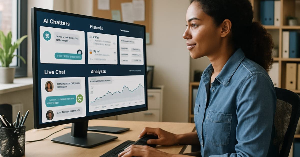 Professional customer service representative using AI-powered dashboard with chat automation interface