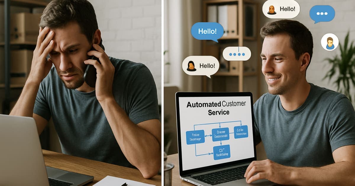 Small business owner at laptop managing automated customer service workflows with happy client testimonials displayed on screen