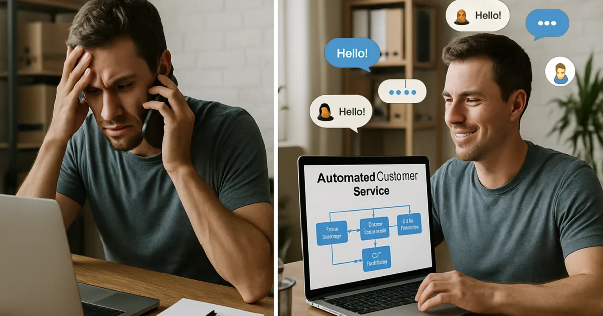 Small business owner at laptop managing automated customer service workflows with happy client testimonials displayed on screen