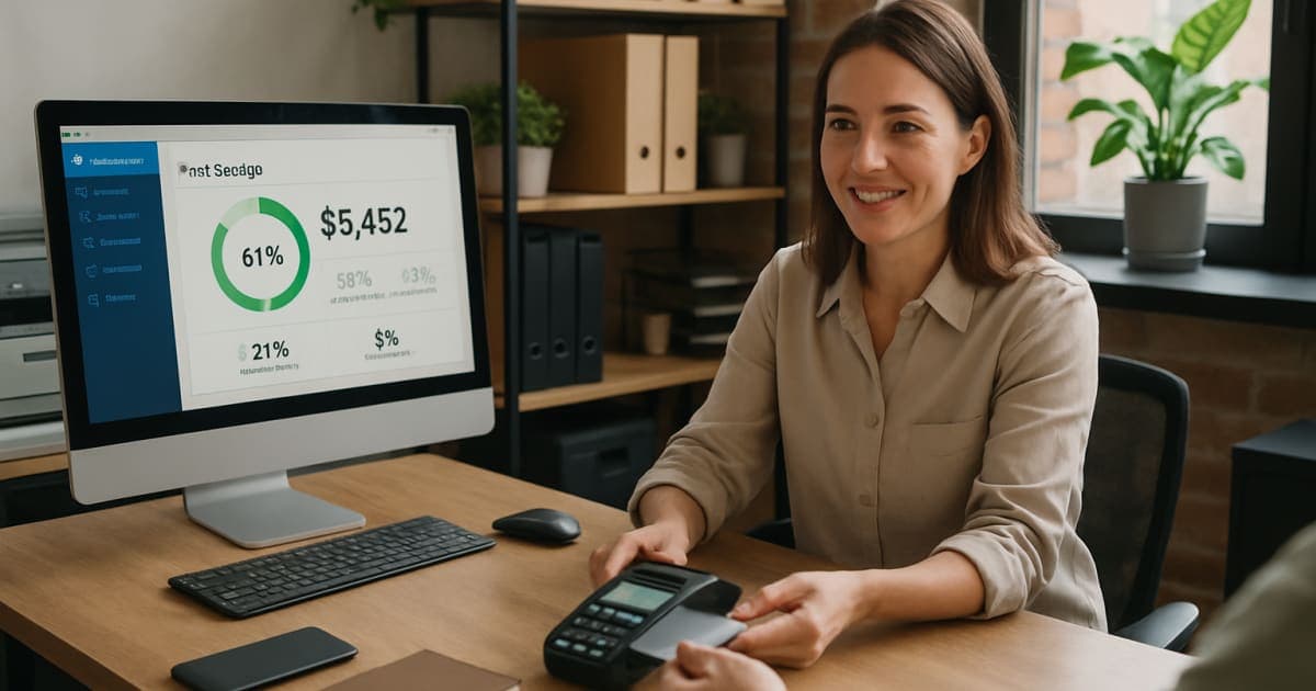 Professional businessman analyzing efficiency charts and cost reduction graphs on laptop at modern office desk