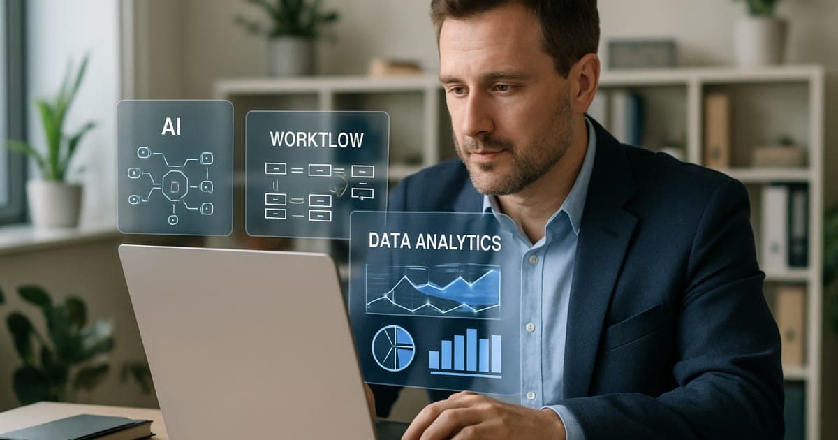 Small business owner using laptop with AI dashboard interface, modern office setting with digital analytics displays