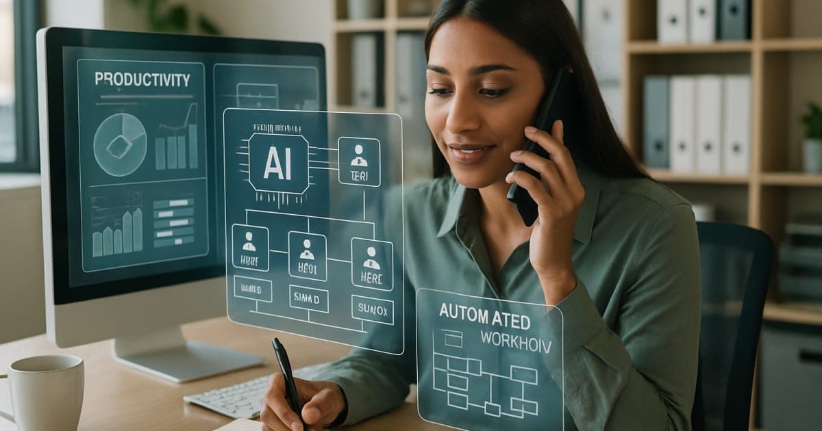 Modern office workspace with AI interface displays and business professionals collaborating on automated workflows