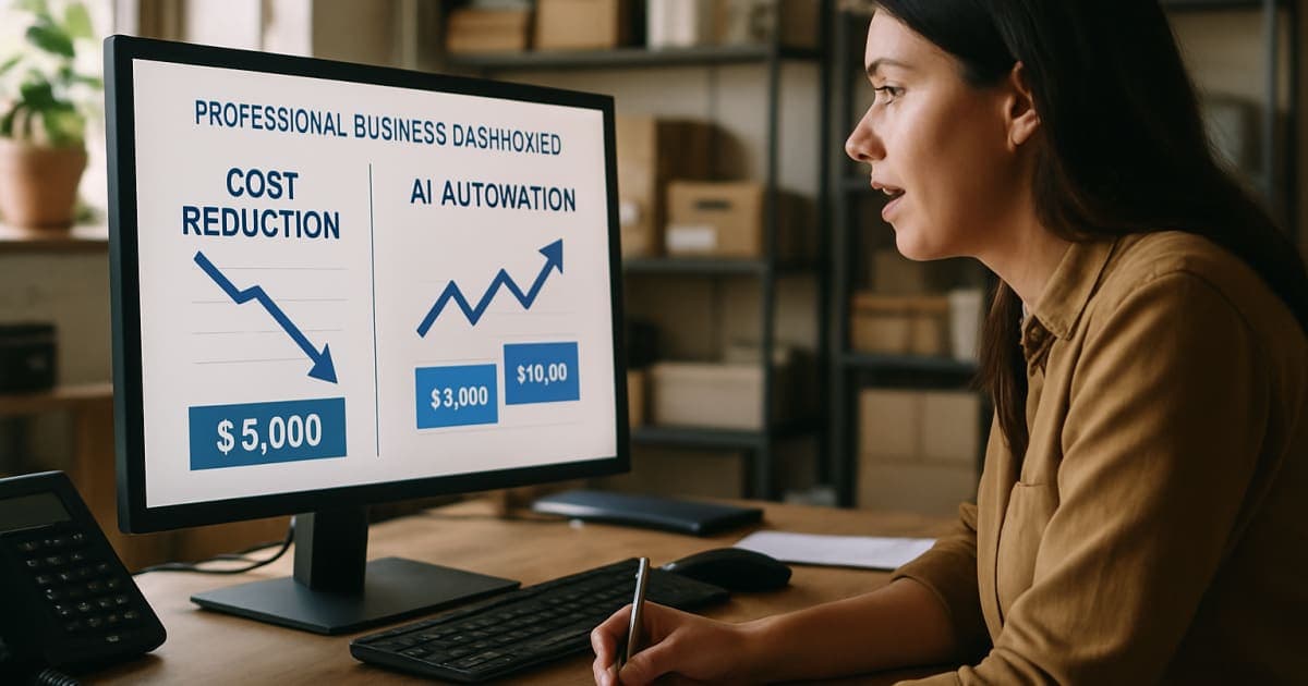 Business team analyzing cost reduction charts on laptops with AI automation dashboard displays in modern office