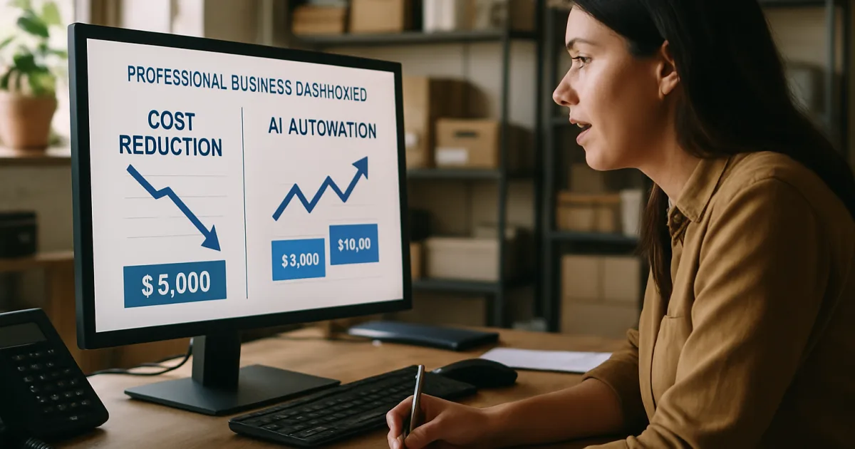 Business team analyzing cost reduction charts on laptops with AI automation dashboard displays in modern office