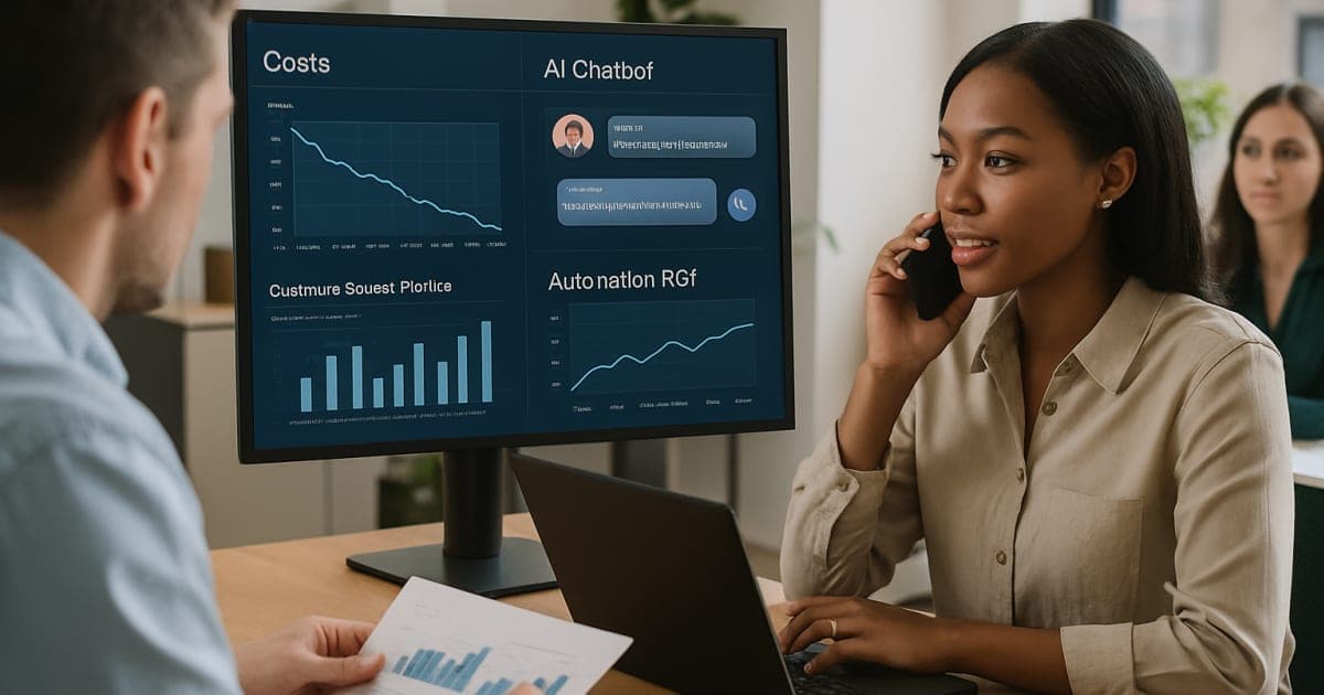 Business professional analyzing automated customer service dashboard showing cost reduction metrics and AI chatbot interface on computer screen