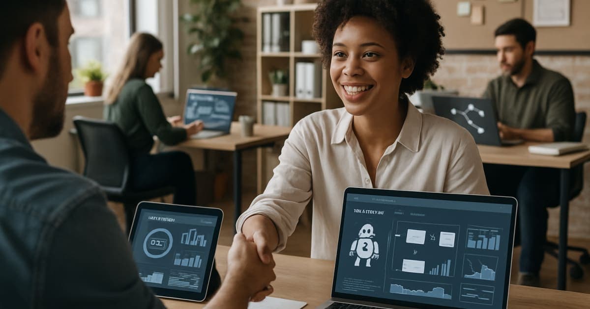Small business owner using laptop with automated workflow diagrams on screen, streamlining operations