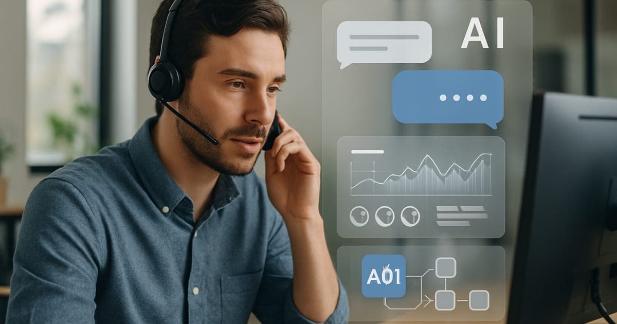 Customer service representative using AI-powered dashboard while assisting clients in modern office setting