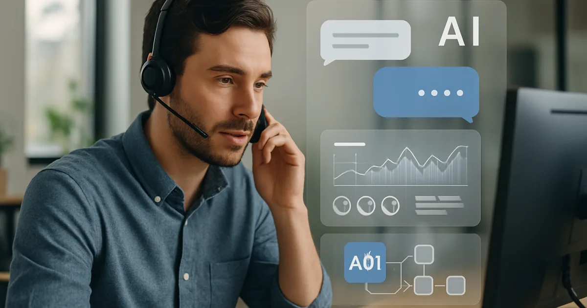 Customer service representative using AI-powered dashboard while assisting clients in modern office setting