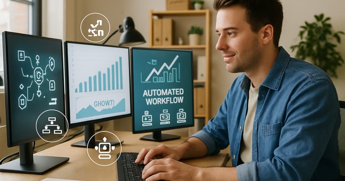 Business owner using laptop and automation tools to streamline operations in modern office workspace
