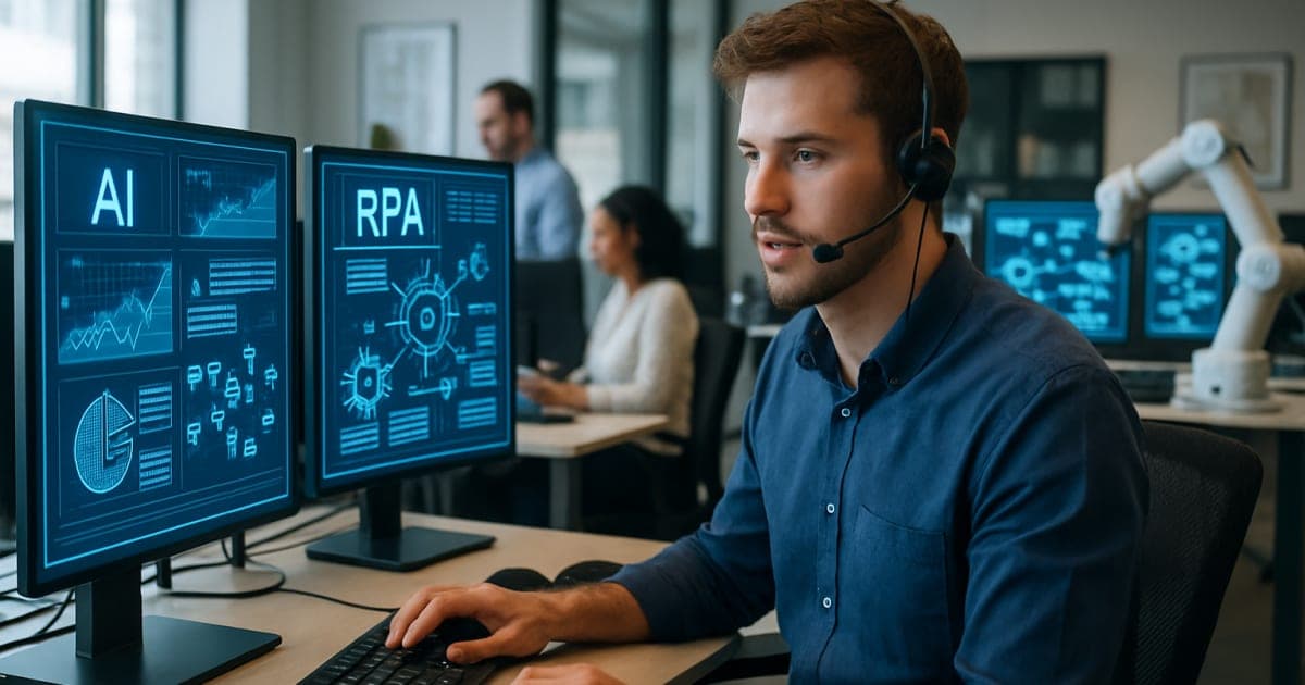 Business professional analyzing AI automation dashboard on laptop screen showing workflow optimization and growth metrics