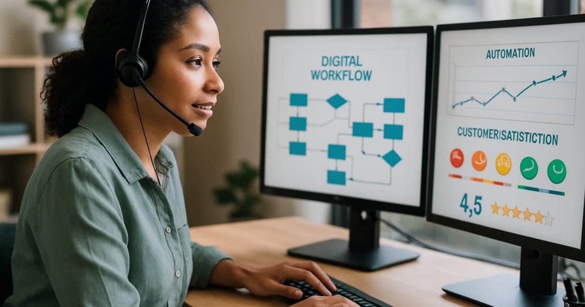 Customer service representative using automated workflow software on computer screen with satisfied client icons